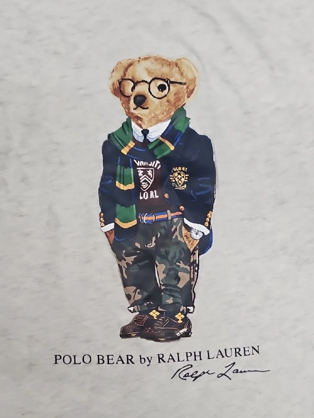 Ralph Lauren Light Gray Polo Bear Graphic Tee with Navy & Green Details Size 5T